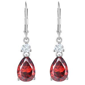 Teardrop 10x7mm 5A Pear Dangle Earrings | 18K White Gold Plated S925 | Garnet